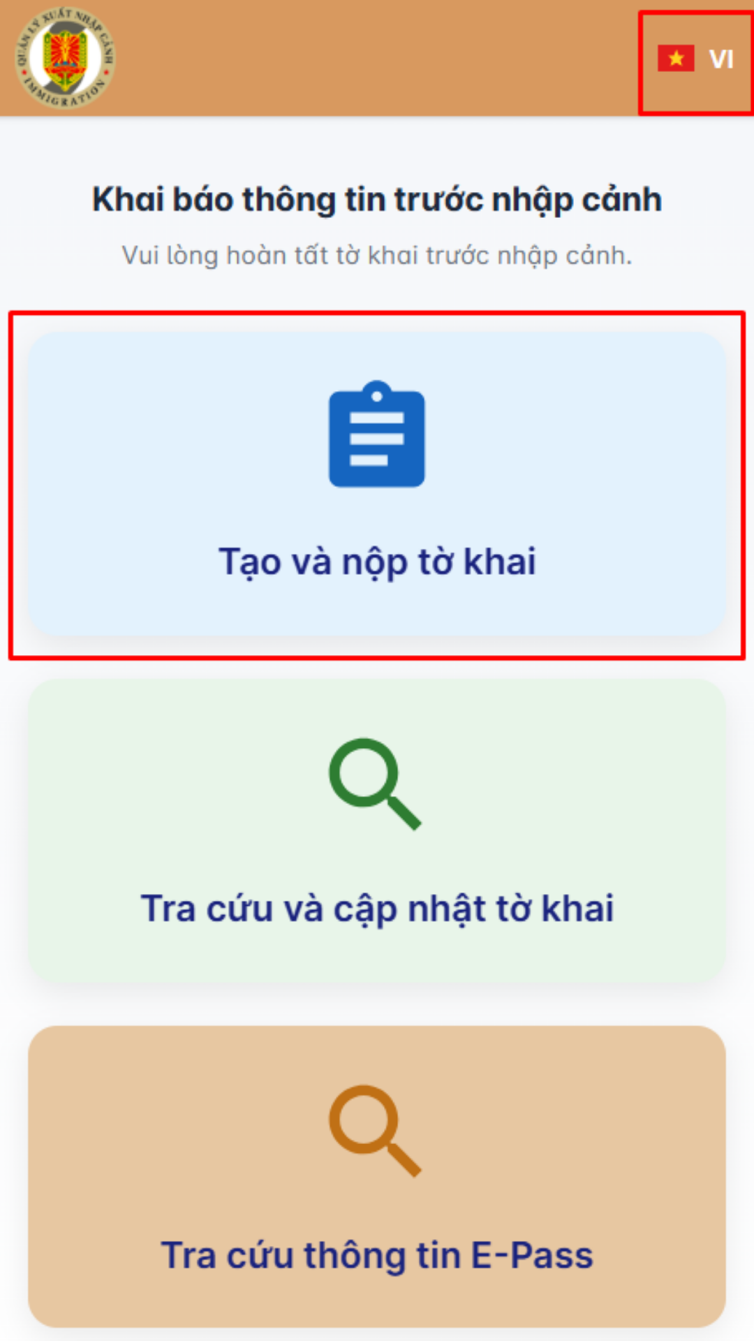 Bấm "Tạo và điền tờ khai"