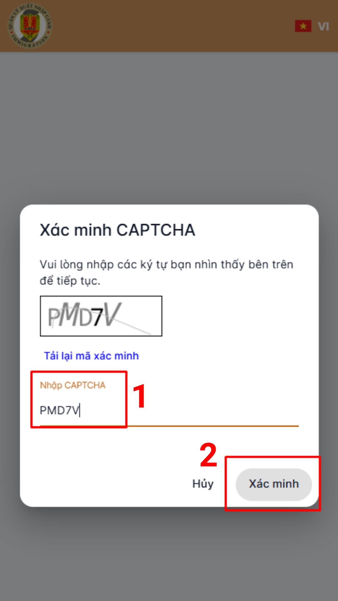 Nhập mã capcha và bấm "Xác minh"
