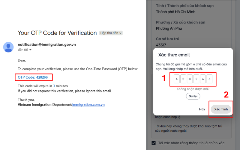 Hệ thống sẽ gửi mã OTP qua email, bạn nhập mã này để nhận mã QR xác nhận đã khai báo.