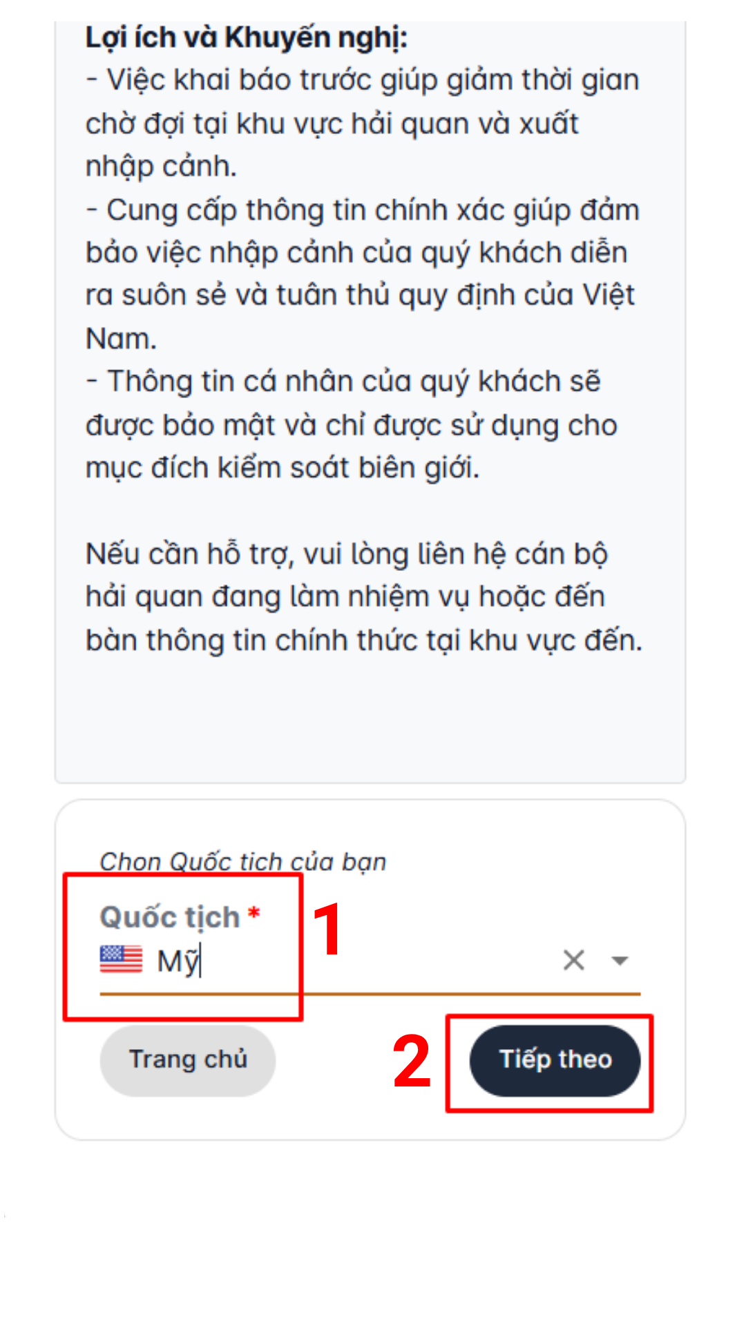 Chọn quốc tịch và nhấn "Tiếp theo"