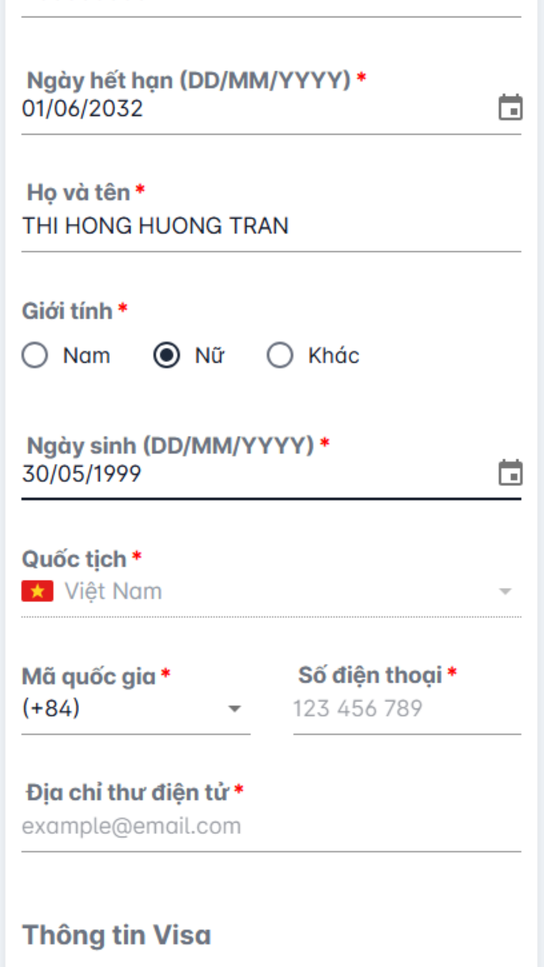 Chọn đúng loại visa dùng để nhập cảnh tại mục Thông tin visa