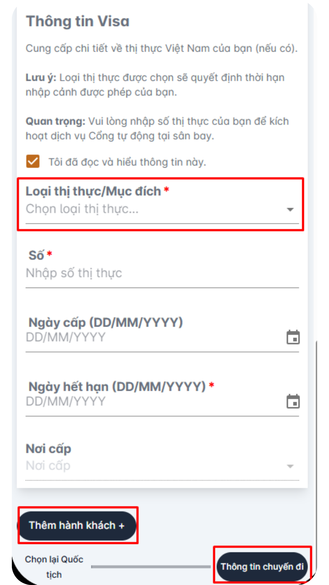 Nếu đi cùng con nhỏ hoặc người thân, bạn có thể khai báo hộ bằng cách chọn "Thêm hành khách"